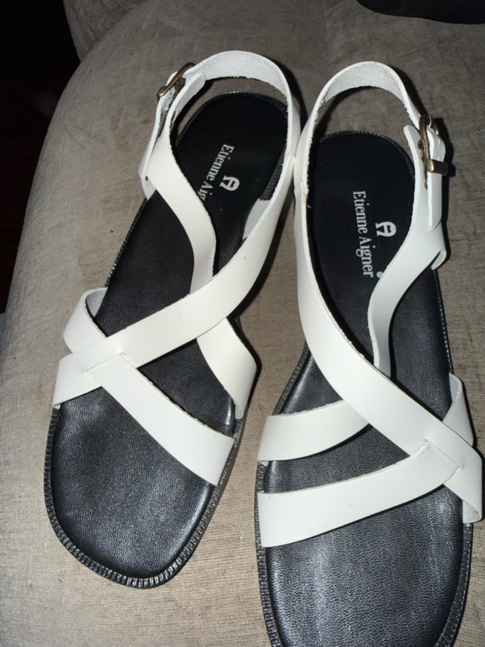 Etienne Aigner White and Black Crisscross Slingback Sandals